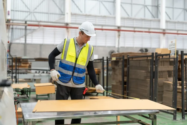 Home - Rapid Custom Boxes Male engineer using tape measure measuring length of carton sheets comes out of paper cutter machine for checking and inspecting quality cardboard boxed product in factory.